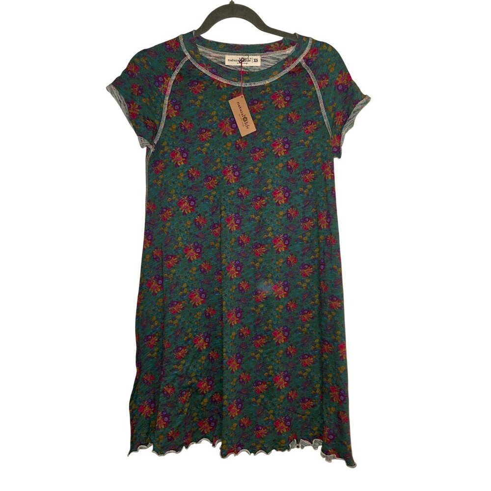 Natural Life Lily Knit Cotton Tee Dress Turquoise Floral Medallions Size XS NWT